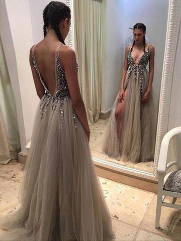 Custom Made A Line Deep V Neck Open Back Sexy Prom Dress with Slit, V Neck Open Back Formal Dress