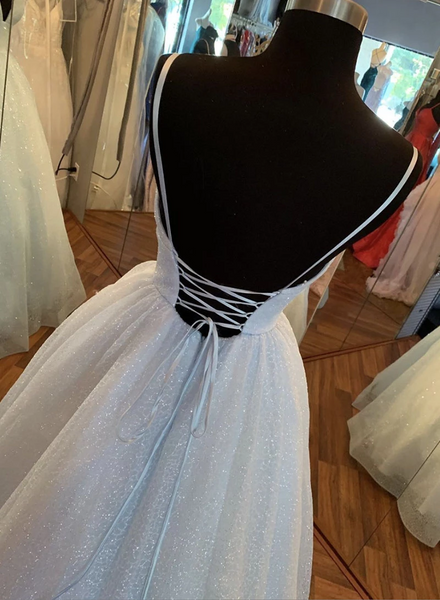 A Line V Neck Light blue Backless Sequins Long Prom Dresses, Light blue Backless Sequins Formal Evening Dresses