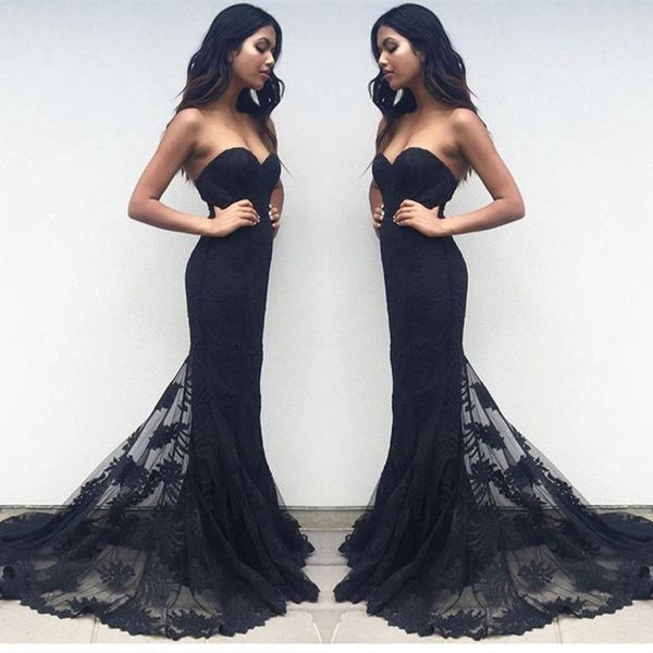 Custom Made Sweetheart Neck Black Lace Prom Dresses, Black Lace Formal Dresses, Bridesmaid Dresses