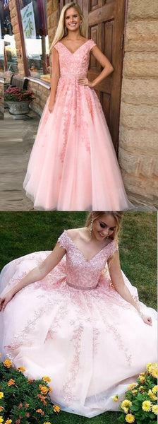 A Line V Neck Pink Lace Prom Dress, Pink Lace Formal Dress, Graduation Dress, Pink Evening Dress