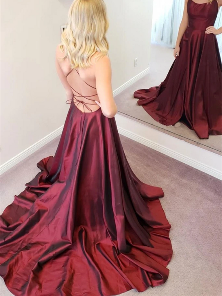 Simple A Line Backless Thin Strap Burgundy Satin Long Prom Dresses, Backless Burgundy Formal Evening Dresses