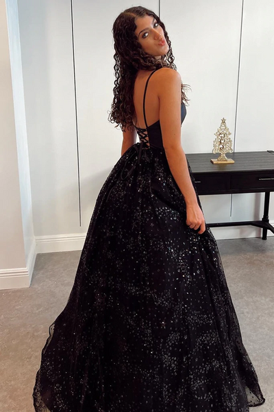 Bling Bling V Neck Black Sequins Long Prom Dresses, Backless Black Formal Dresses, Black Evening Dresses