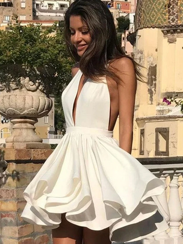 Halter Neck Short White Prom Dresses, Short V Neck White Backless Graduation Homecoming Dresses