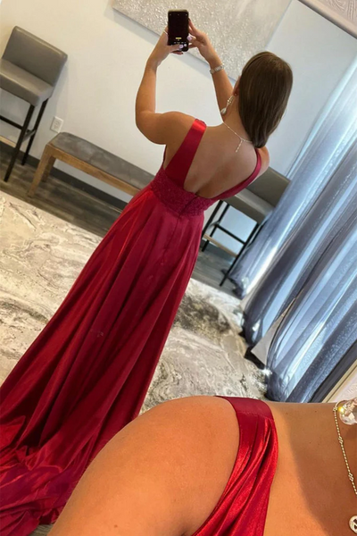 V Neck Burgundy Lace Long Prom Dress with High Slit, Burgundy Lace Formal Dresses, Burgundy Lace Formal  Evening Dresses