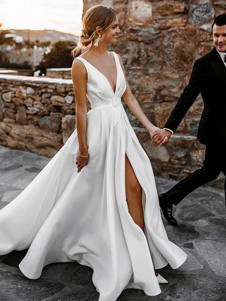 V Neck and V Back White Satin Long Prom Dresses with High Slit, Open Back White Wedding Dresses, Backless White Formal Evening Dresses