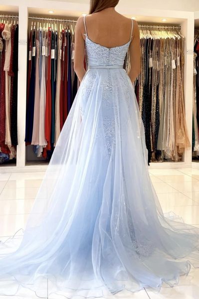 Mermaid BLue Lace Long Prom Dresses, Mermaid BLue Lace Long Formal Evening Dresses