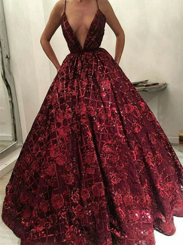 Burgundy V Neck Sequins Long Prom Dress, Burgundy V Neck Sequins Long Formal Evening Dress