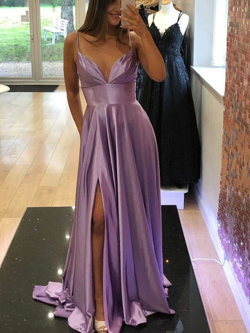 A Line V Neck Purple Prom Dress with Slit, Purple Long Formal Evening Dress