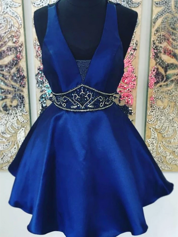 A Line V Neck Blue Satin Short Prom Dresses, Blue Satin Short Prom Graduation Homecoming Dresses