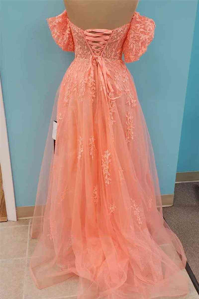 Coral Off Shoulder V Neck A Line Tulle Applique Lace-Up Back Long Prom Dress