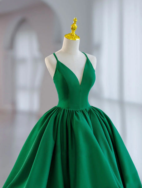 Green V Neck Satin Short Prom Dress, A Line Green Evening Dress