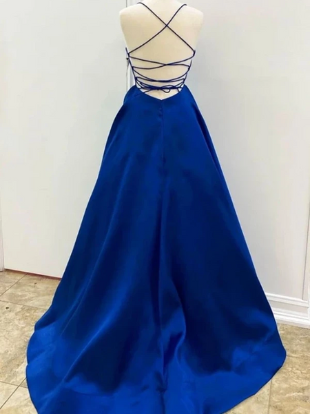 A Line V Neck Royal Blue Backless Prom Dresses, Open Back Royal Blue Formal Evening Graduation Dresses