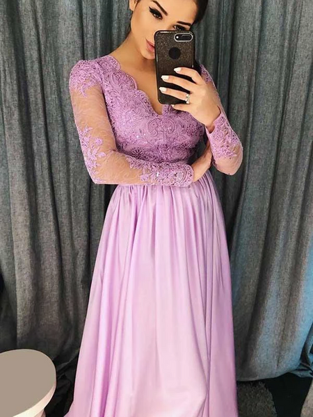 A Line/Princess Long Sleeves V Neck Pink Lace Long Chiffon Dresses, Long Sleeves Pink Lace Long Evening Dresses