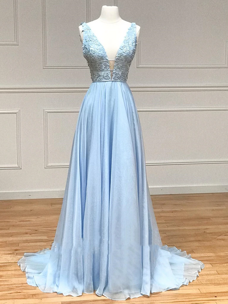 V Neck Light Blue Lace Prom Dresses, Light Blue V Lace Lace Formal Evening Graduation Dresses