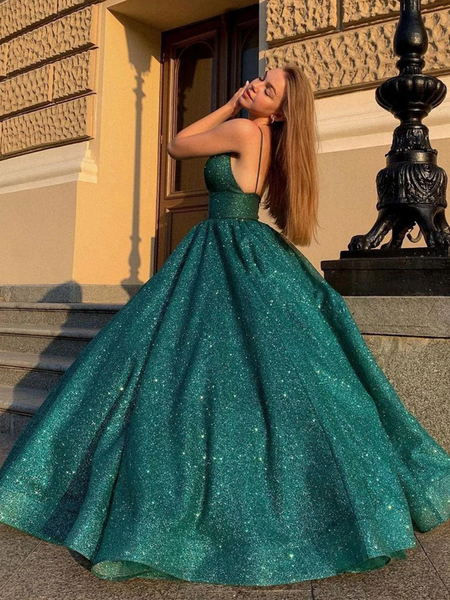 Shiny V Neck Green Prom Dresses, V Neck Long Green Formal Graduation Dresses