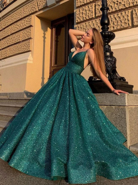 Shiny V Neck Green Prom Dresses, V Neck Long Green Formal Graduation Dresses