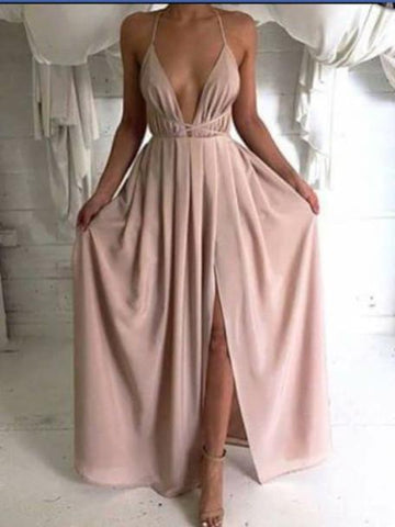 A Line V Neck Backless Floor Length Prom Dresses, Evening Dresses