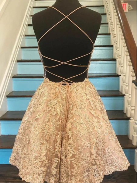 Champagne Backless Lace Short Prom Dresses, Short Lace Formal Graduation Homecoming Dresses