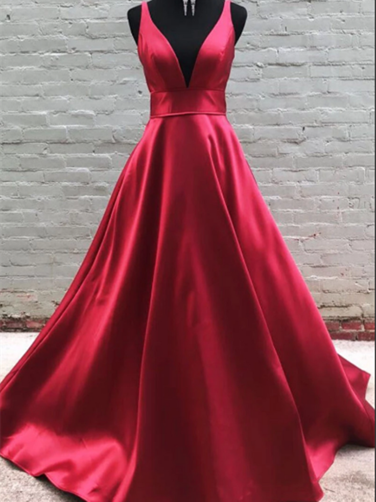 Simple V Neck Burgundy Satin Long Prom Dress, V Neck Burgundy Satin Long Formal Dress