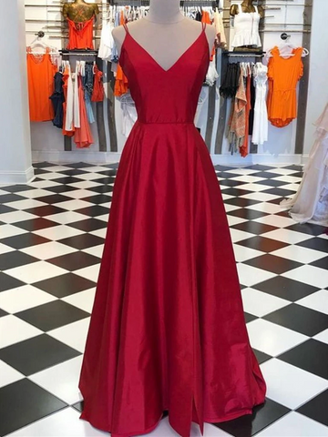 A Line V Neck Burgundy Satin Long Prom Dresses, V Neck Burgundy Formal Evening Dresses