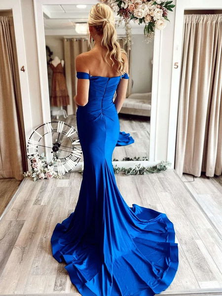 Off Shoulder Mermaid Blue Long Prom Dresses, Mermaid Blue Formal Dresses, Blue Evening Dresses