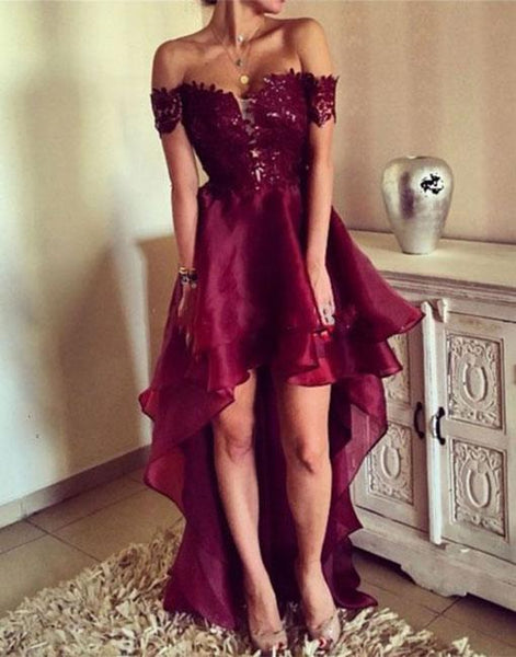 High Low Organza Maroon Lace Prom Dress, High Low Formal Dress, Maroon Lace Graduation Dress, Maroon High Low Homecoming Dress