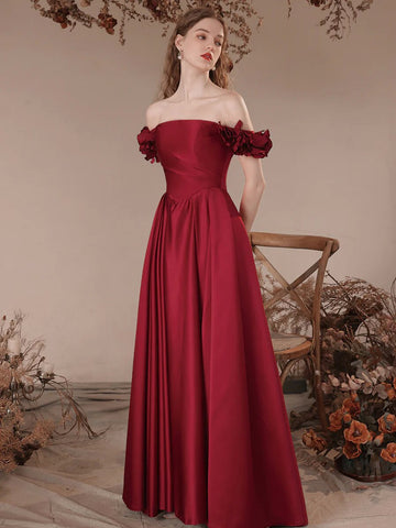 Off Shoulder A Line Burgundy Satin Long Prom Dresses, Burgundy Formal Evening Dresses