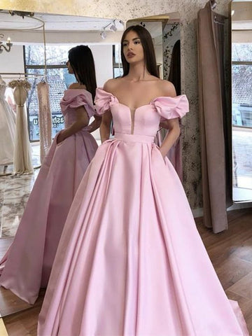 Pink Off Shoulder Long Prom Dresses, Off the Shoulder Pink Ball Gown Formal Graduation Evening Dresses