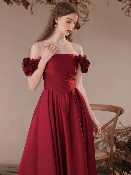 Off Shoulder A Line Burgundy Satin Long Prom Dresses, Burgundy Formal Evening Dresses