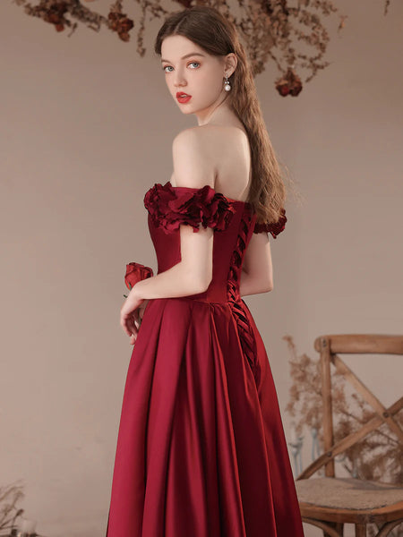 Off Shoulder A Line Burgundy Satin Long Prom Dresses, Burgundy Formal Evening Dresses