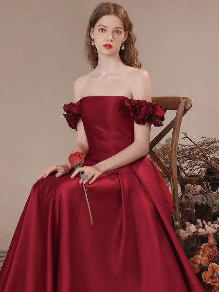 Off Shoulder A Line Burgundy Satin Long Prom Dresses, Burgundy Formal Evening Dresses