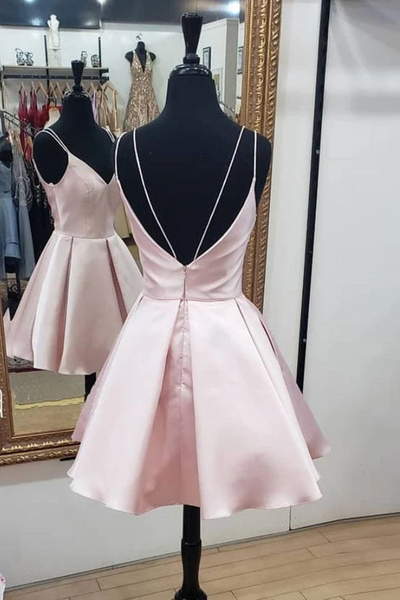 Cute V Neck Open Back Pink Short Prom Dresses, Backless Pink Homecoming Dresses, Short Pink Formal Evening Dresses