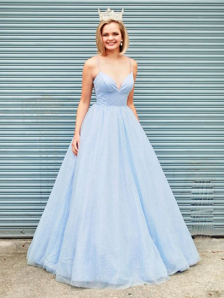 V Neck Light Blue Backless Prom Dresses, V Neck Open Back Light Blue Formal Evening Dresses