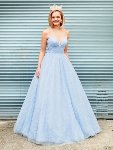 V Neck Light Blue Backless Prom Dresses, V Neck Open Back Light Blue Formal Evening Dresses