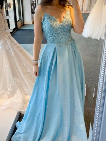 A Line V Neck Blue Lace Long Prom Dresses, A Line V Neck Blue Lace Long Formal Evening Dresses