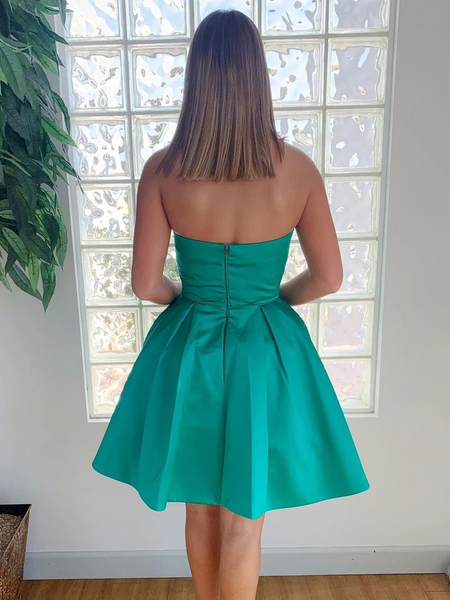 Strapless Open Back Green Short Prom Dresses with Pockets, Strapless Open Back Green Homecoming Dresses, Strapless Short Green Formal Evening Dresses