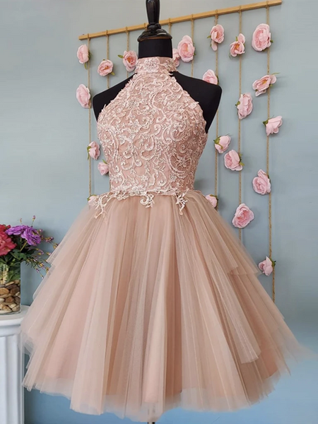 Open Back Halter Neck Pink Lace Short Prom Dresses, Halter Neck Short Pink Lace Formal Homecoming Dresses