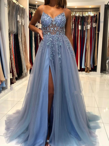 A Line V Neck Smoky Gray Long Beaded Prom Dresses, Smoky Gray Long Formal Evening Dresses