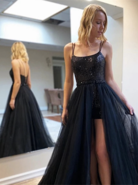 Sequins Short Dress With Detachable Tulle Long Skirt Prom Dresses,  Modern Spaghetti Straps Black Tulle Long Formal Evening Dresses