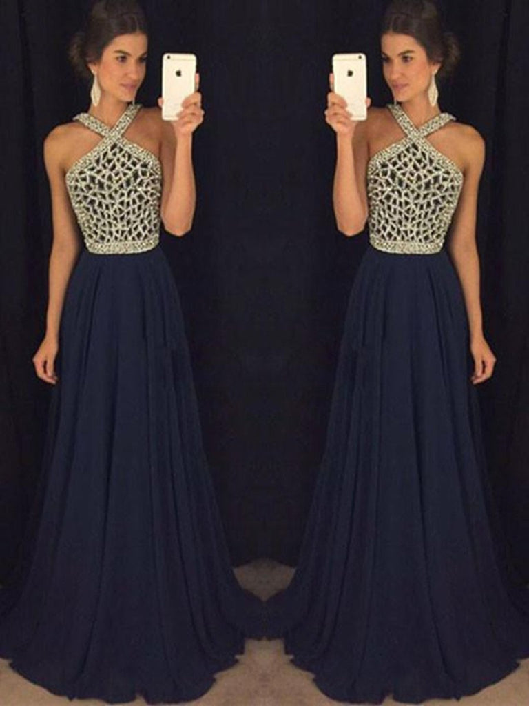 Floor Length Halter Neck Royal Blue Prom Dress, Dark Blue Formal Dress, Graduation Dress