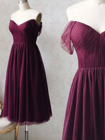 Simple Sweetheart Neck Short Burgundy Prom Dresses,  Burgundy Tulle Chiffon Short Formal Evening Homecoming Dresses