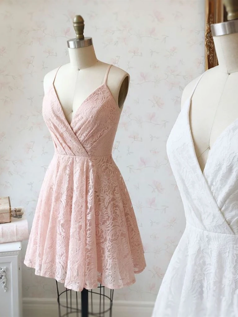 V Neck Pink/White Lace Short Prom Dresses，Short Lace Homecoming Dresses, Pink/White Lace Formal Graduation Evening Dresses, Cocktail Dresses