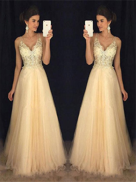 A-line V-neck Tulle Appliques Lace Floor-length Backless Prom Dresses, Backless Formal Dress