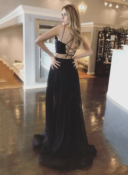 A Line Black Two Pieces Backless Long Prom Dresses, 2 Pieces Black Open Back Long Formal Evening Dresses