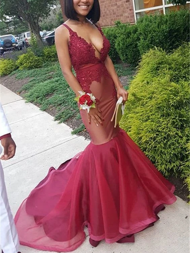 Deep V Neck Elegant Burgundy Mermaid Lace Sleeveless Prom Dresses, Sleeveless Appliques  Burgundy Mermaid Formal Evening Dresses