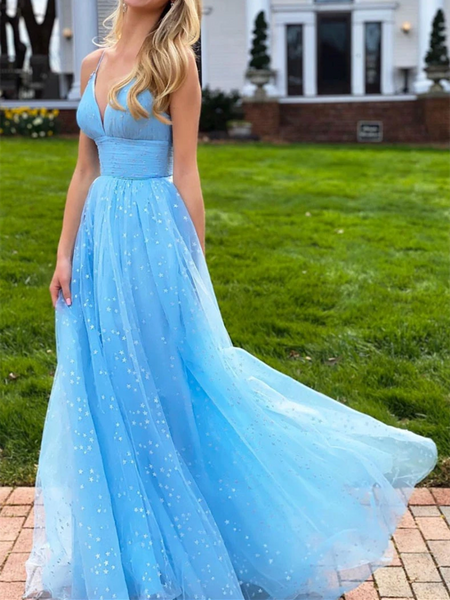 Blue V Neck Tulle Beads Long Prom Dresses, Blue V Neck Tulle Beads Long Formal Evening Graduation Dresses