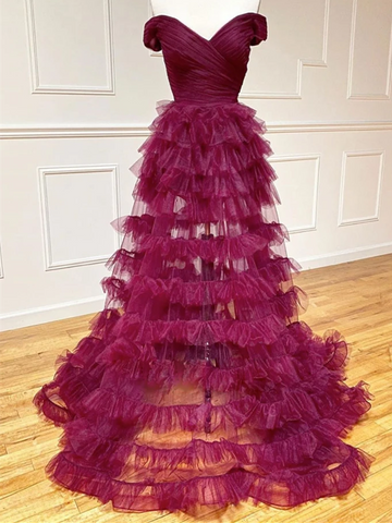 A Line Sweetheart Neck Off Shoulder Long Burgundy Prom Dresses, Off The Shoulder Tulle Burgundy Long Formal Evening Dresses