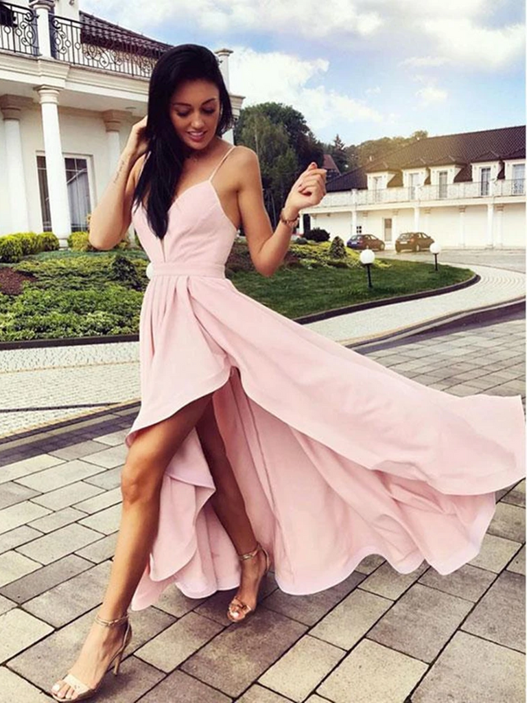 Cute  V Neck Pink High Low Prom Dresses, High Low Pink Formal Graduation Evening Dresses