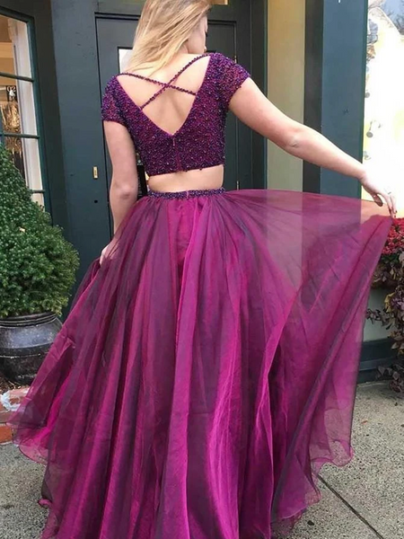 Grape Tulle Beaded Two Piece Prom Dresses, Grape 2 Pieces Long Formal Evening Dresses