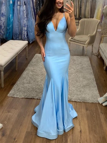 V Neck Blue Mermaid Long Satin Prom Dresses, Mermaid Blue Satin Long Formal Evening Dresses